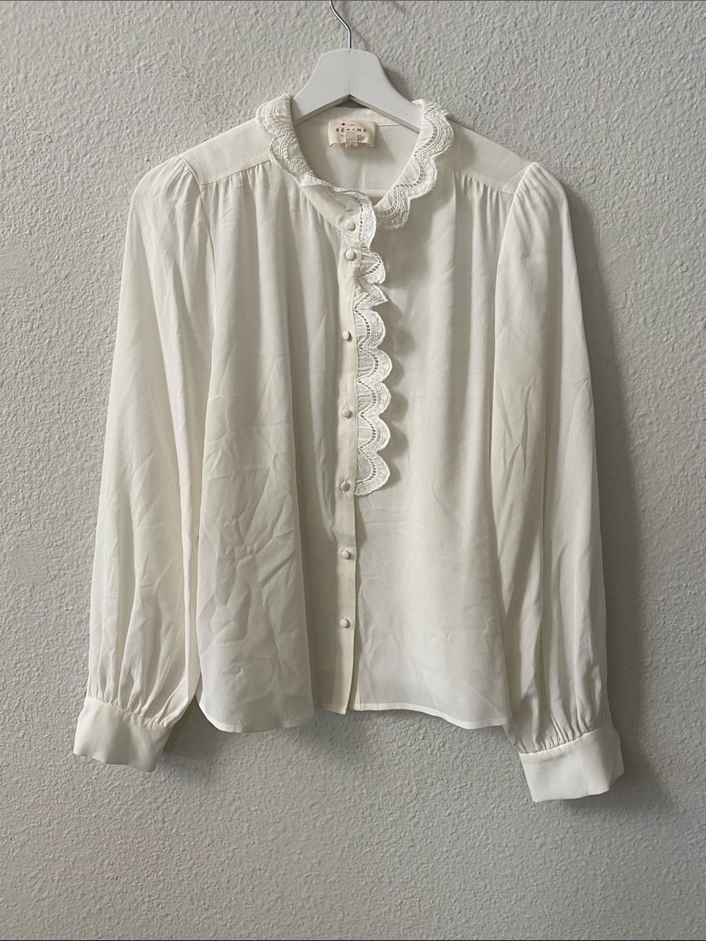 Sezane Silk Cream Lace-Trim Button Blouse size 8
